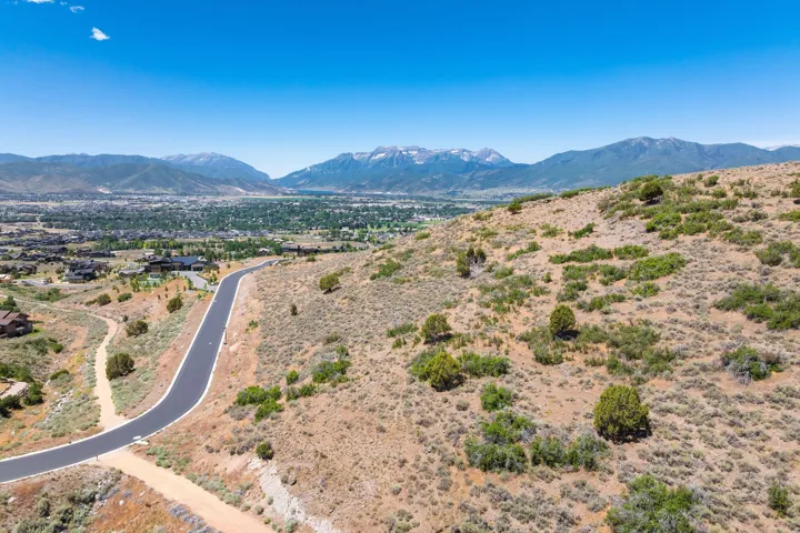 Scenic hillside property featuring a newly paved asphalt driveway with elegant curved design, mature native vegetation and desert landscaping, and expansive vistas of snow-capped mountain ranges and fertile valley plains below