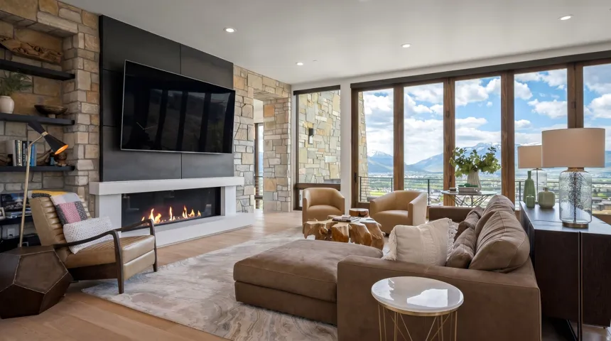 Spacious living area featuring a stone accent wall with built-in shelving, a linear fireplace with a white mantel, an integrated television mount, light wood-finish flooring, and large picture windows
