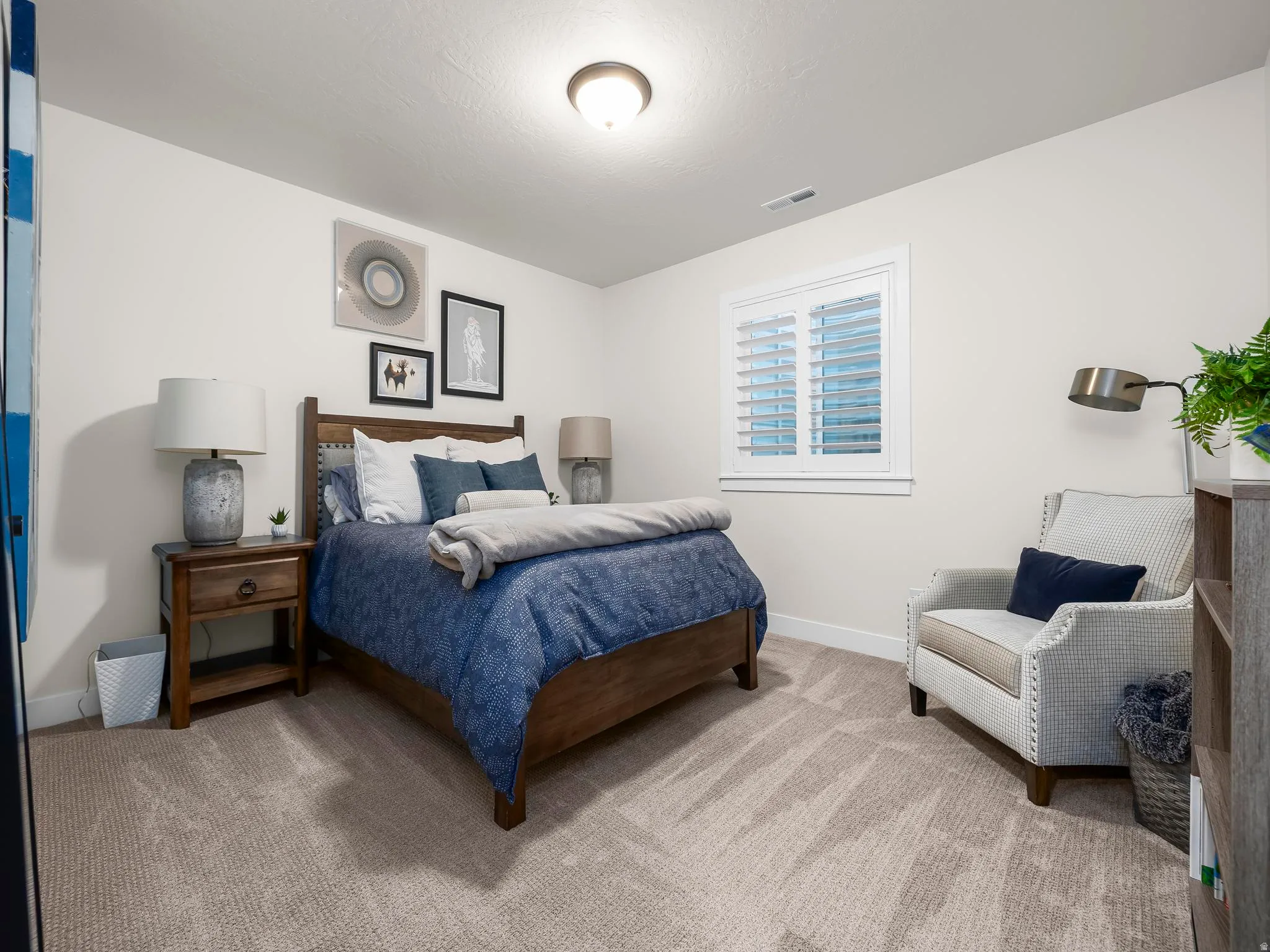 Carpeted room featuring a window with plantation shutters, a ceiling-mounted light fixture, and white painted walls