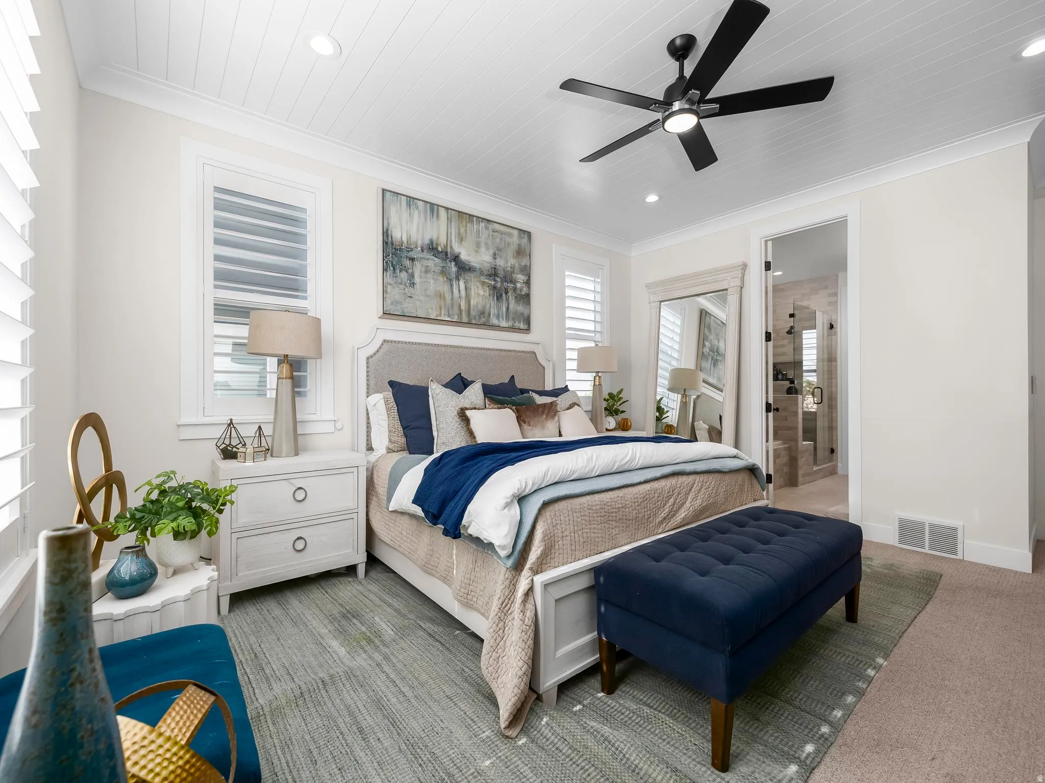 Bedroom featuring a paneled ceiling with recessed lighting and a ceiling fan