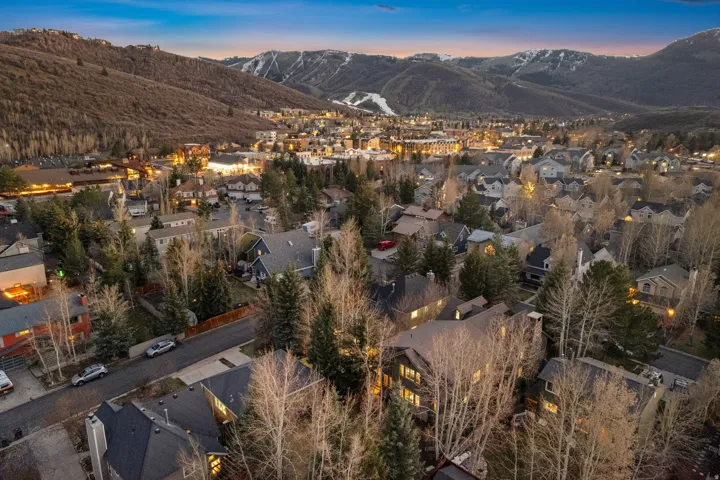 Expansive community featuring diverse residential architecture, mature tree-lined streets, and distant snow-capped mountains