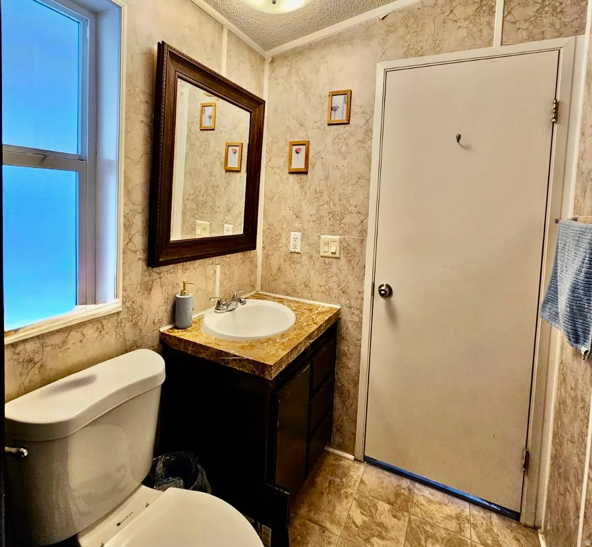 Bathroom featuring a vanity with a white sink, a dark wood-finish cabinet, and a multi-toned countertop