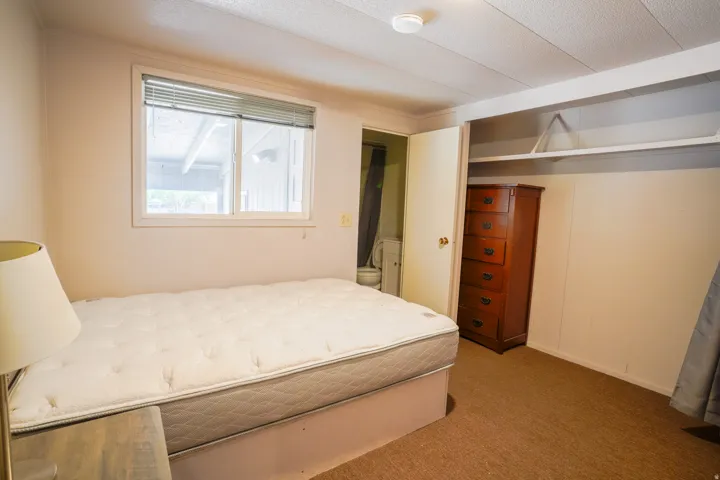 Room featuring a single window, carpet flooring, and a built-in closet with a shelf