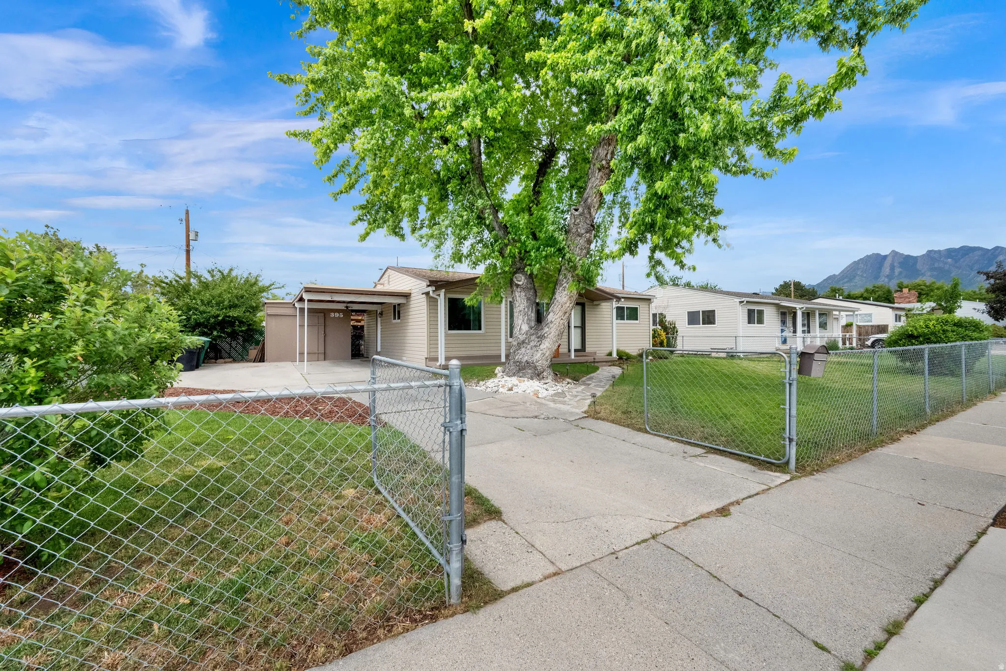 Ranch-style exterior with beige siding, a chain-link fence, mature trees, a concrete driveway, and a covered carport
