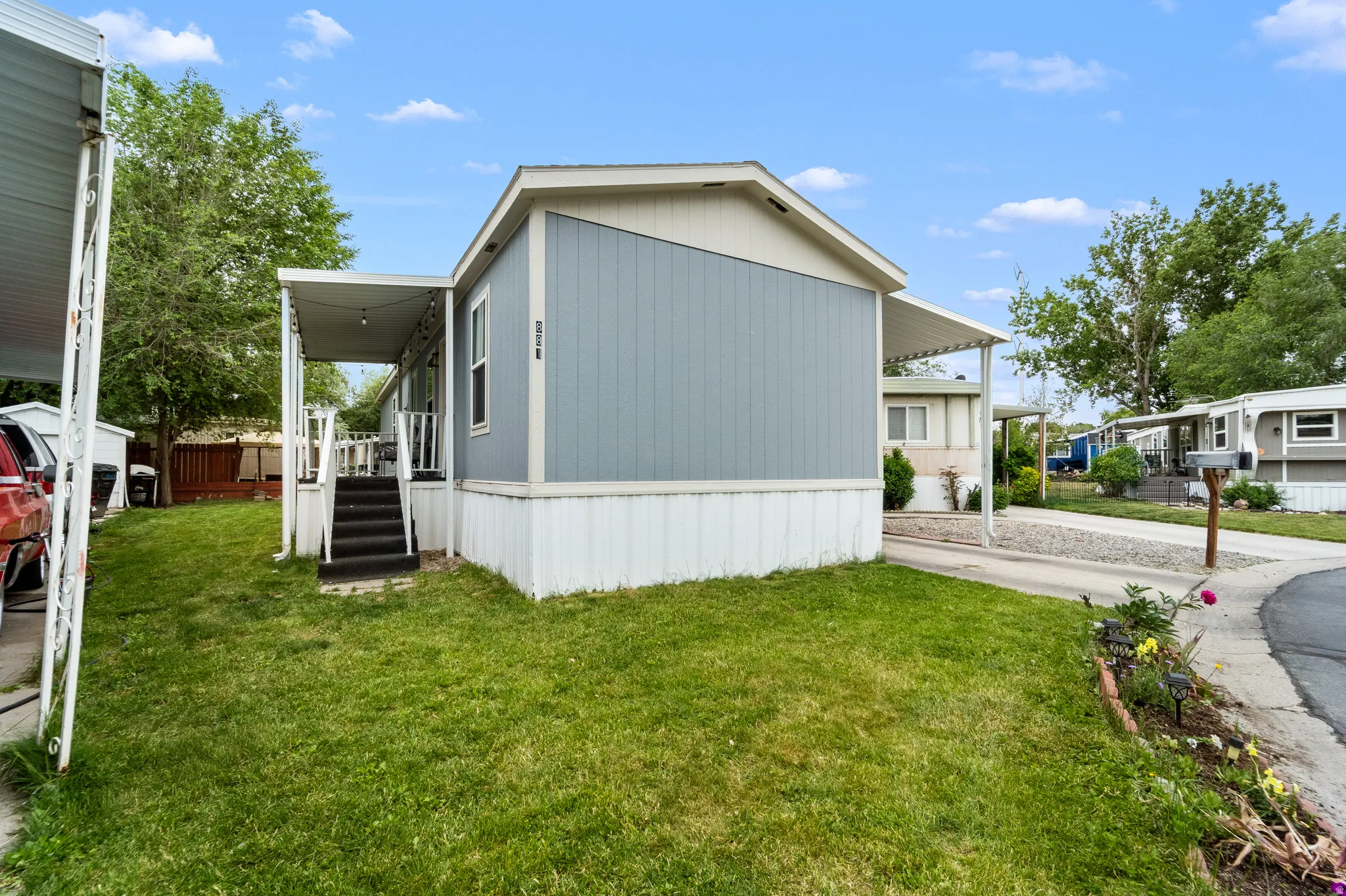 Light blue exterior with white trim