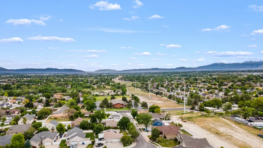 Expansive aerial perspective showcasing a residential area with varied housing styles and mature tree cover