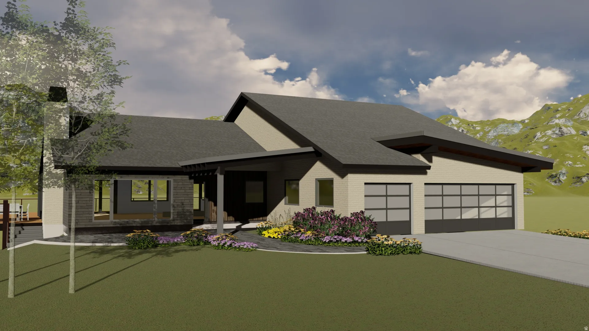Contemporary single-story residence featuring a two-car garage with frosted glass panel doors, a covered entry porch, and a dark shingle roof