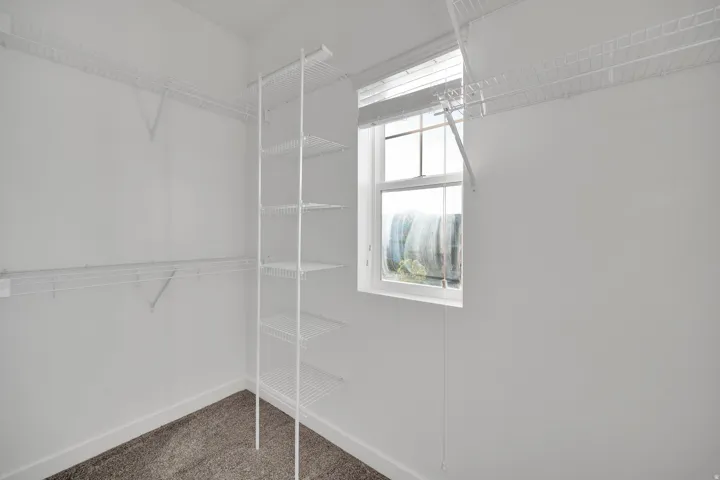 Walk-in closet featuring built-in wire shelving, upper hanging rods, a corner shelving unit, a window with blinds, and carpet flooring