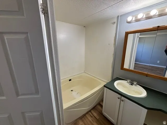Bathroom featuring a built-in corner tub, white paneled door, and a vanity with a white sink, green countertop, and wood-finish flooring