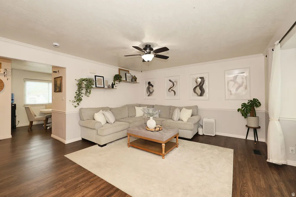 Living room featuring wood-finish flooring, a ceiling fan, crown molding, and an open doorway to a dining area with a large window