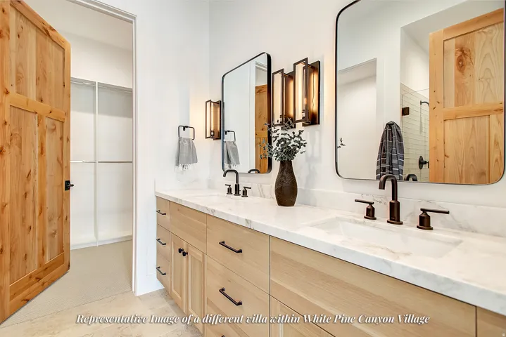 Double vanity with light wood-finish cabinetry, white countertop, and dark-finish hardware