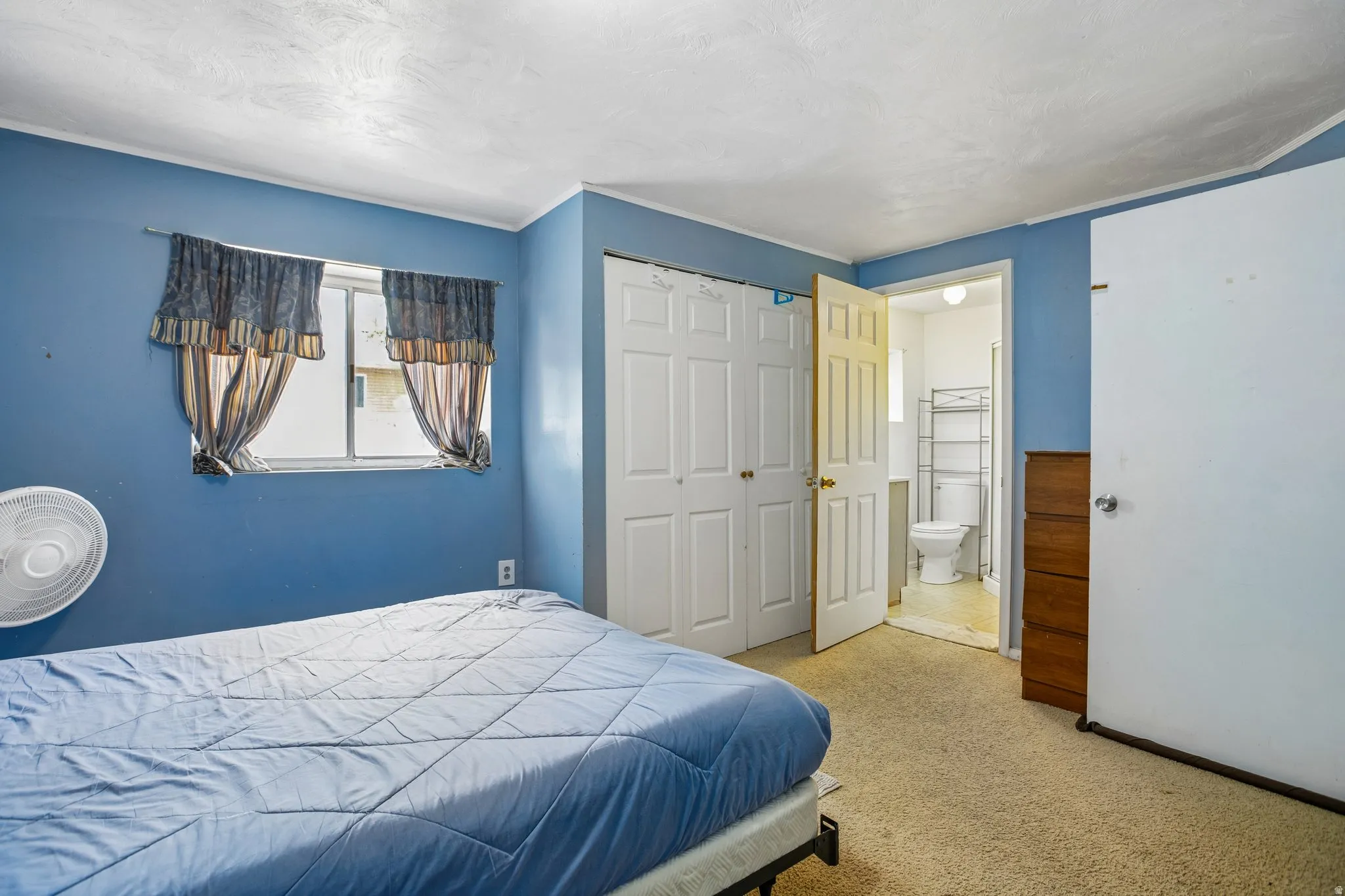 Carpeted interior space featuring a window, bi-fold closet doors, and an open doorway leading to a bathroom with a visible toilet