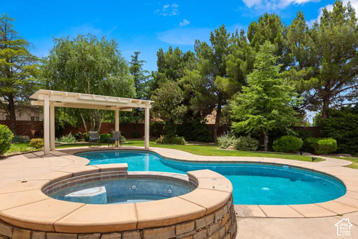 Freeform swimming pool with integrated spa and surrounding concrete patio