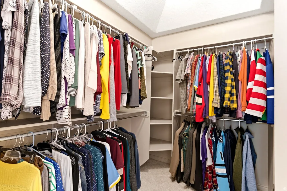 Walk-in closet featuring multiple hanging rods, built-in shelving, and neutral carpeting