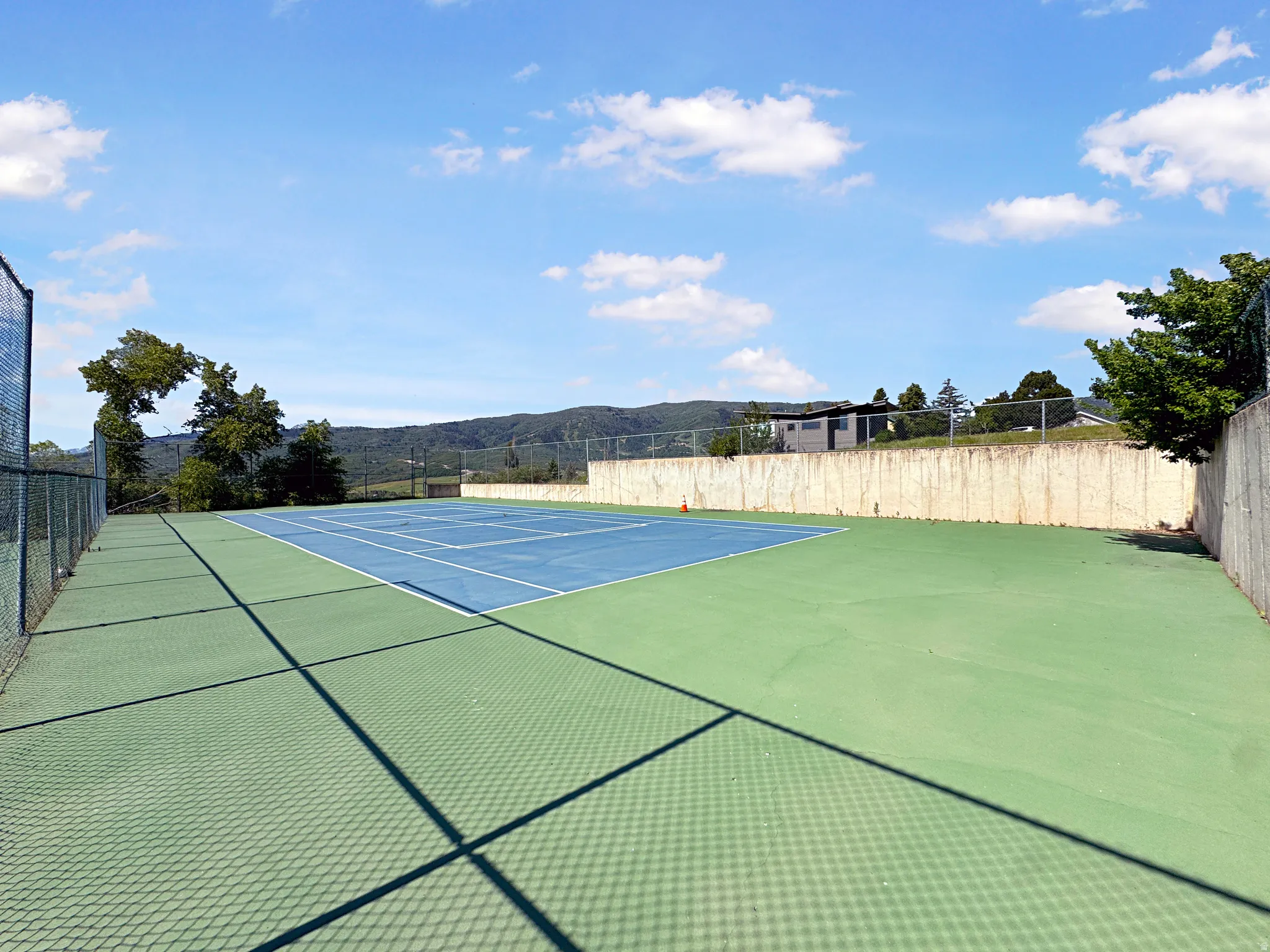 Private tennis court featuring a blue playing surface with white lines, green perimeter, and chain-link fencing