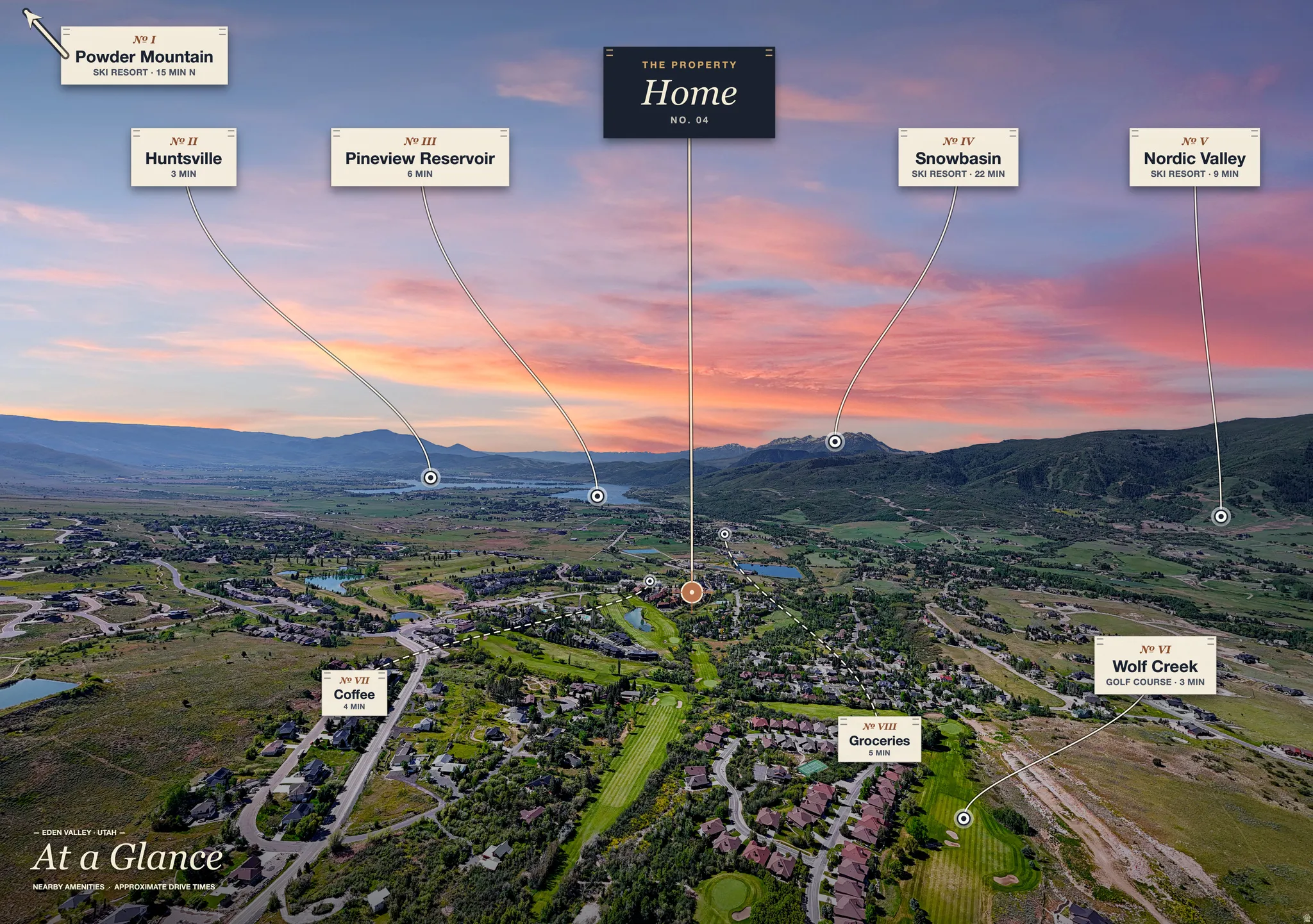 Aerial overview of a valley community with surrounding mountains and a vibrant sunset