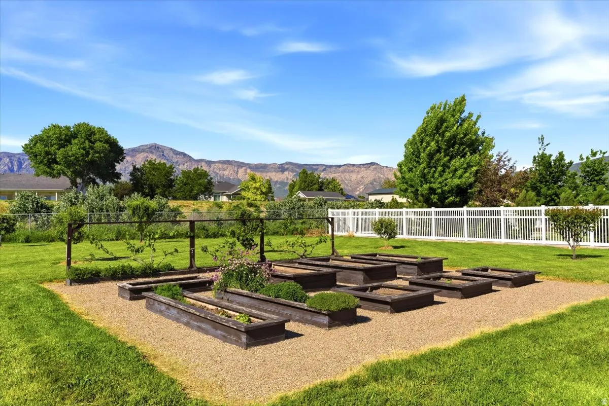 Manicured lawn with a gravel-based garden area featuring multiple raised garden beds, a trellis structure, and a white privacy fence