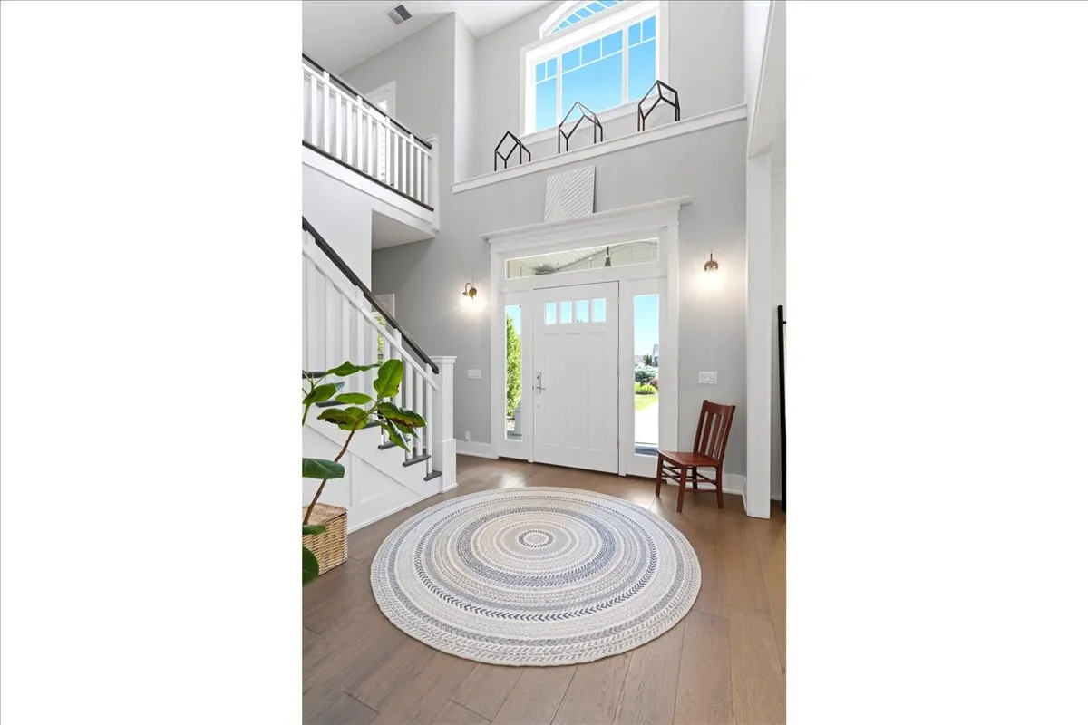 Two-story foyer featuring a prominent white staircase with dark handrails, wood-finish flooring, a transom window above the entry door, and a second-story window providing ample natural light