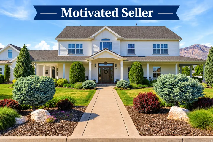 Two-story residence with white siding, covered front porch, and mature landscaping