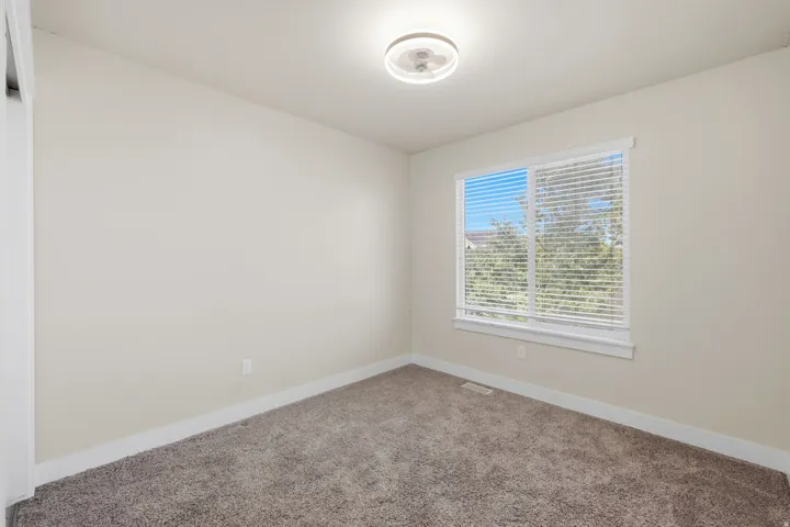 Neutral tone wall paint with white trim, complemented by plush carpeting
