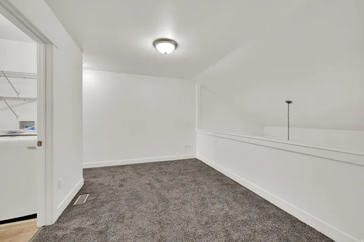 Carpeted room with a ceiling-mounted light fixture, white walls, and an open doorway revealing a utility closet with wire shelving