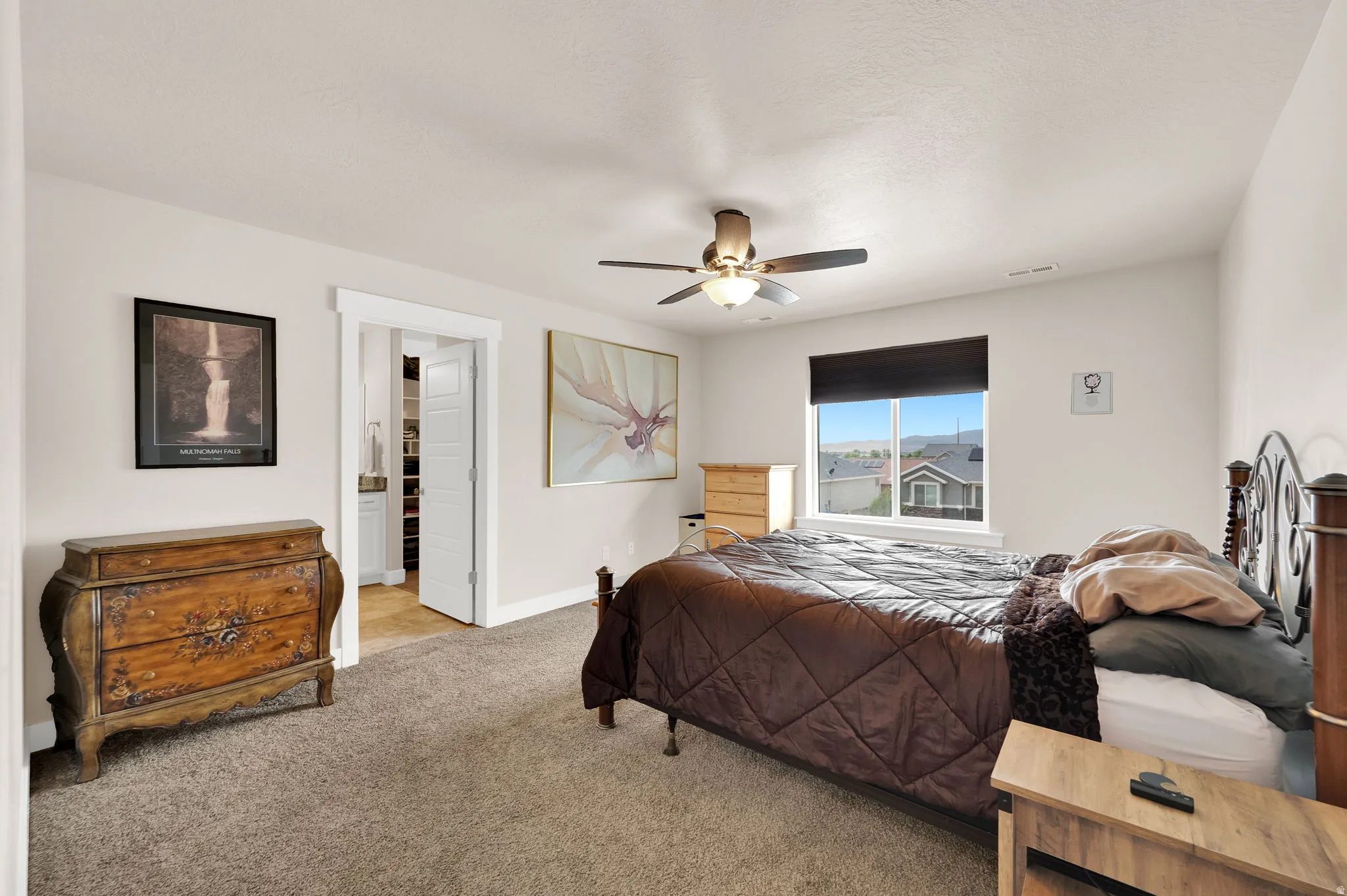 Carpeted bedroom featuring a ceiling fan with integrated lighting, a window with a roller shade, and a doorway opening to an organized closet with shelving