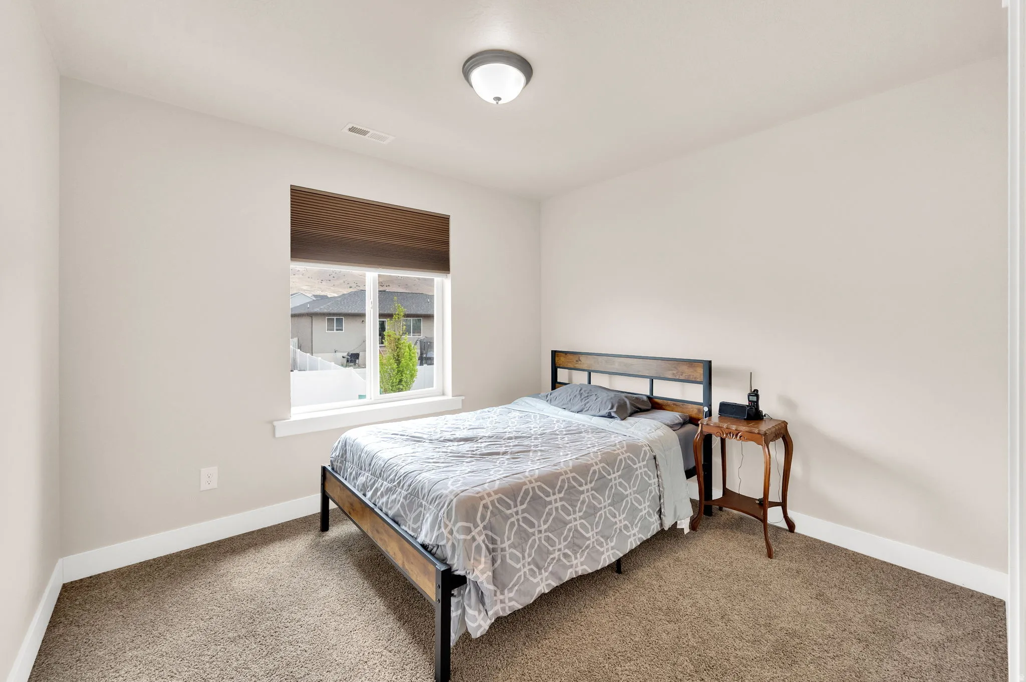 Neutral-toned room with plush carpeting, a single window featuring a wood-finish blind, white trim, and a ceiling-mounted light fixture