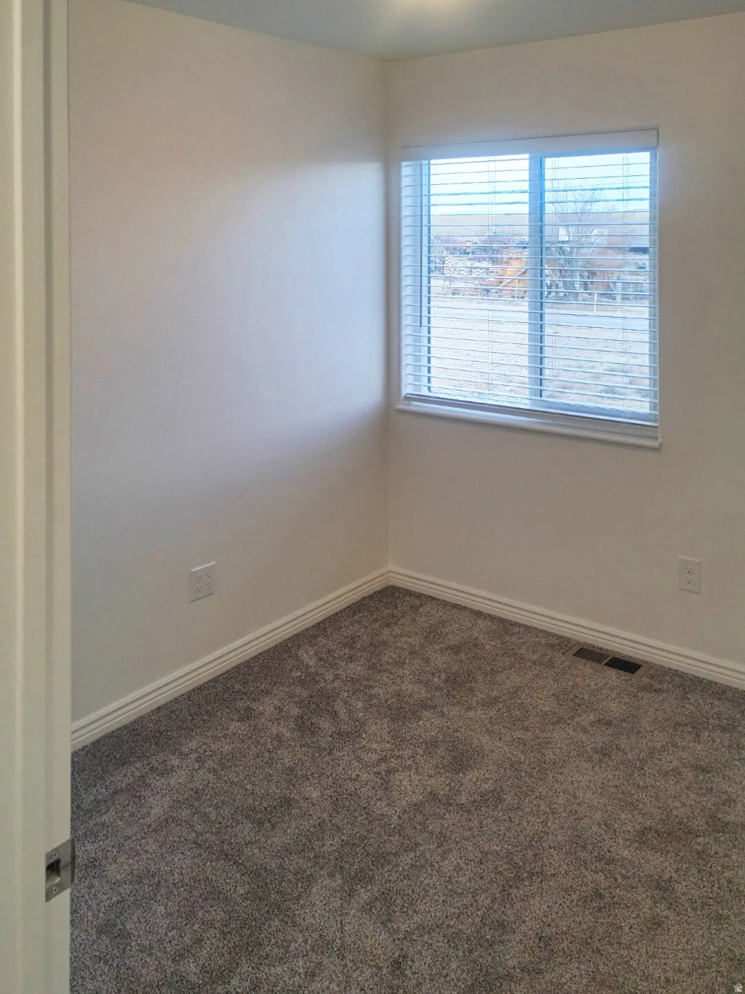 Corner room featuring a window with horizontal blinds, neutral wall paint, gray textured carpeting, white baseboards, and a ceiling light fixture