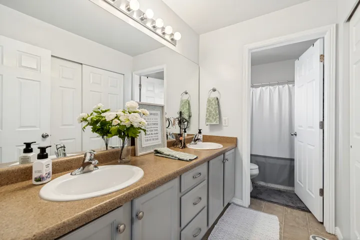 Dual sink vanity featuring light gray cabinetry and brushed nickel hardware