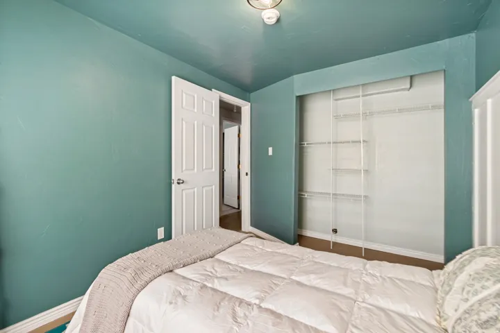 Bedroom featuring teal painted walls and ceiling, a white paneled door, and a built-in closet with wire shelving