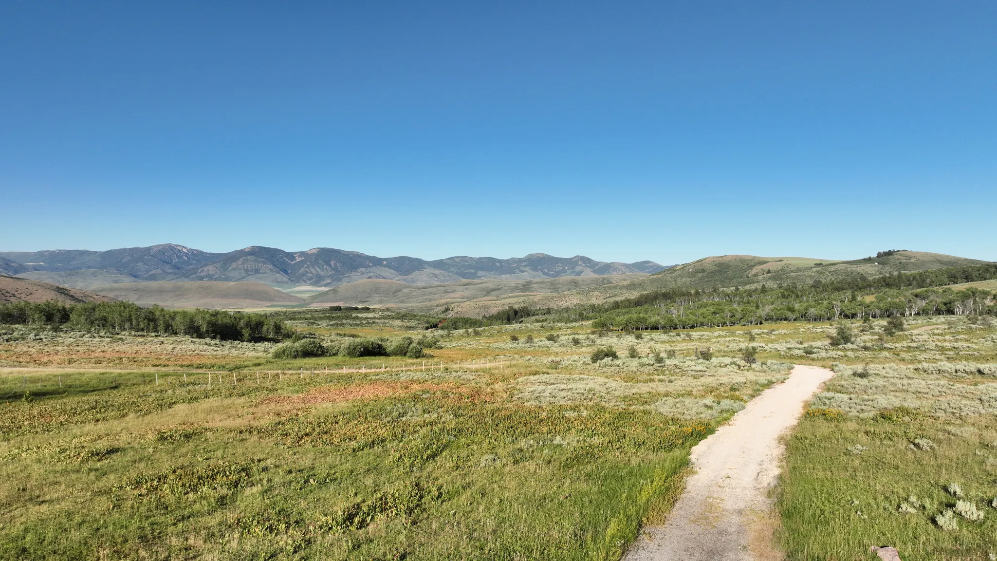 Expansive natural landscape featuring rolling hills and distant mountains under a clear sky