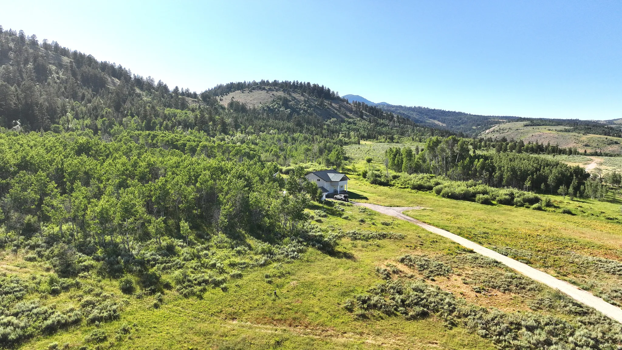 Expansive mountain property featuring a light-colored residence with an attached garage, surrounded by diverse tree coverage and natural terrain