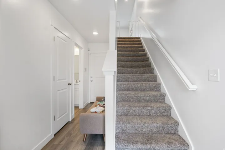Carpeted staircase with white handrail and balusters