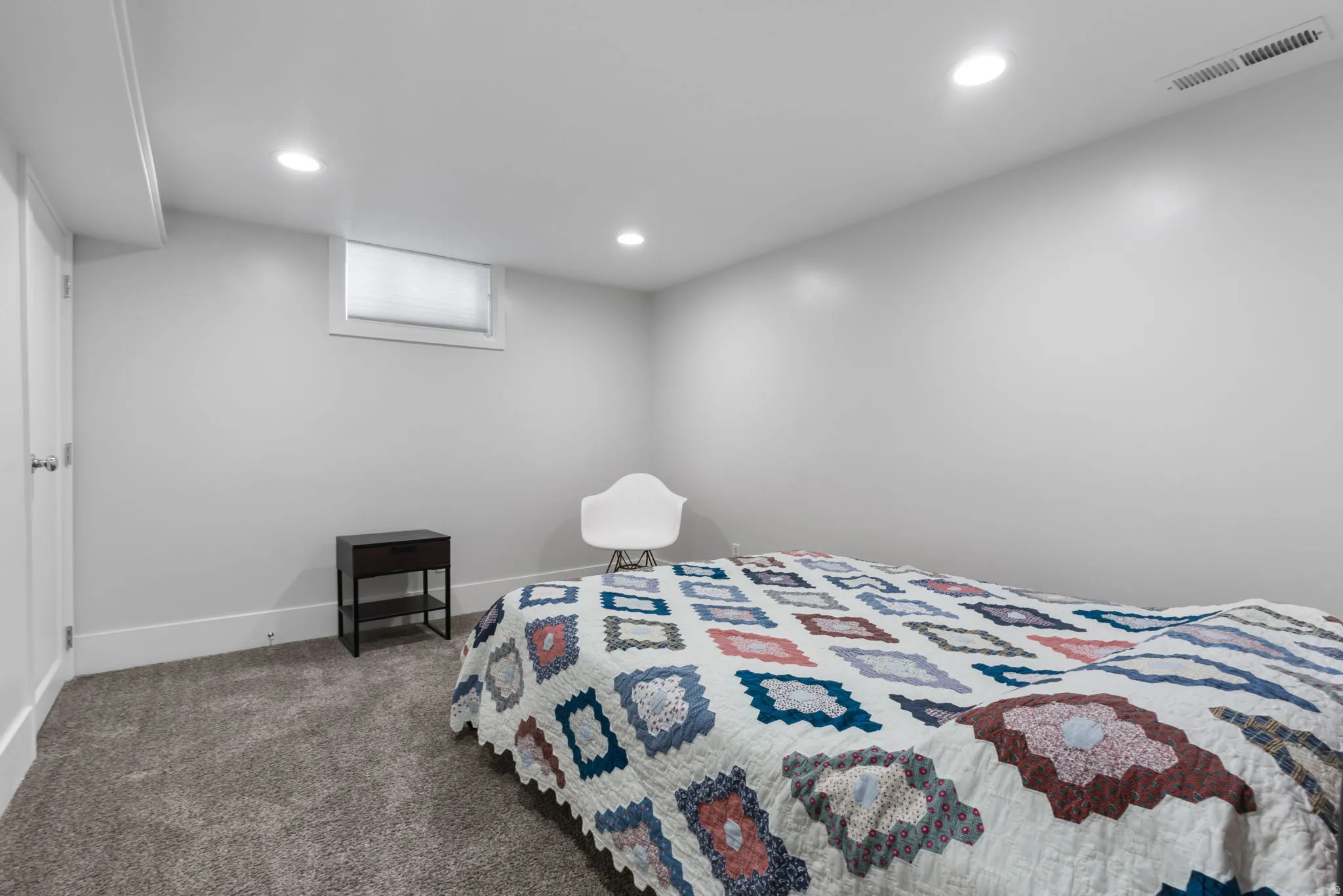 Bedroom 3 Carpeted room featuring recessed lighting, a window with blinds, white walls, and white baseboards