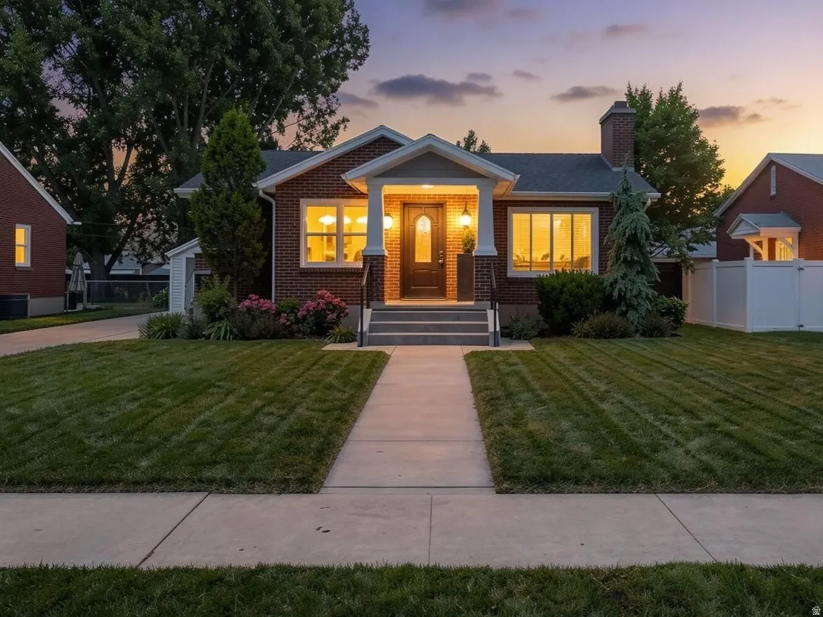 Brick facade residence with a columned front porch, a well-maintained lawn, and a concrete walkway