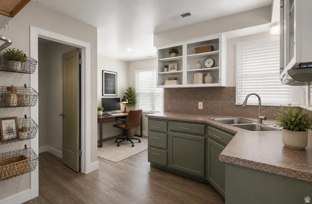 Bright office area with powder bath nearby.