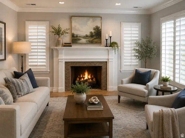 Living room with wood burning fireplace and plantation shutters.
