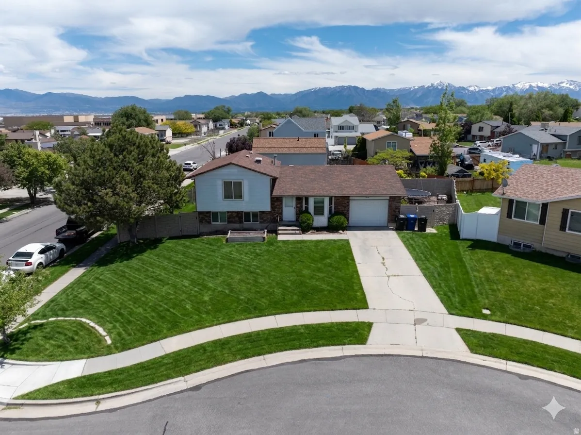 Ai enhanced Split-level residence featuring a car garage, mature front yard trees, and a concrete driveway