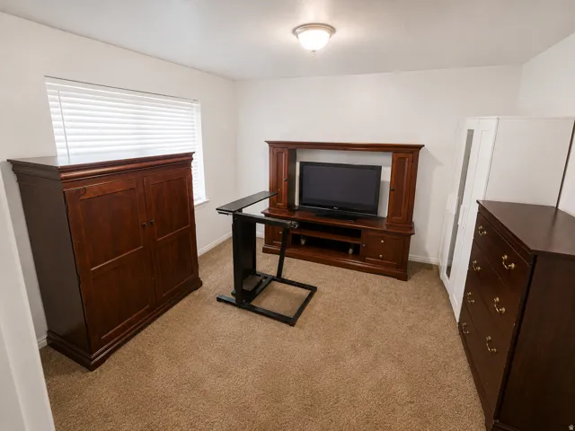 Carpeted room with a ceiling-mounted light fixture, a window with horizontal blinds, and white baseboards