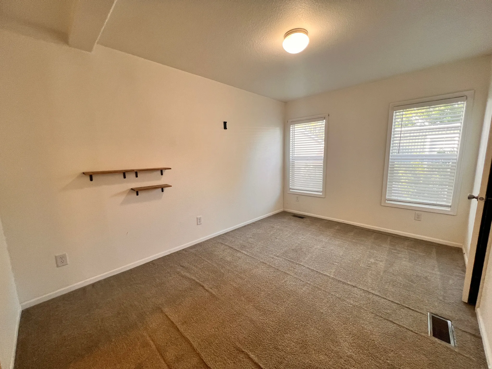 Carpeted room featuring two windows with horizontal blinds, a flush-mount ceiling light, and two wall-mounted floating shelves