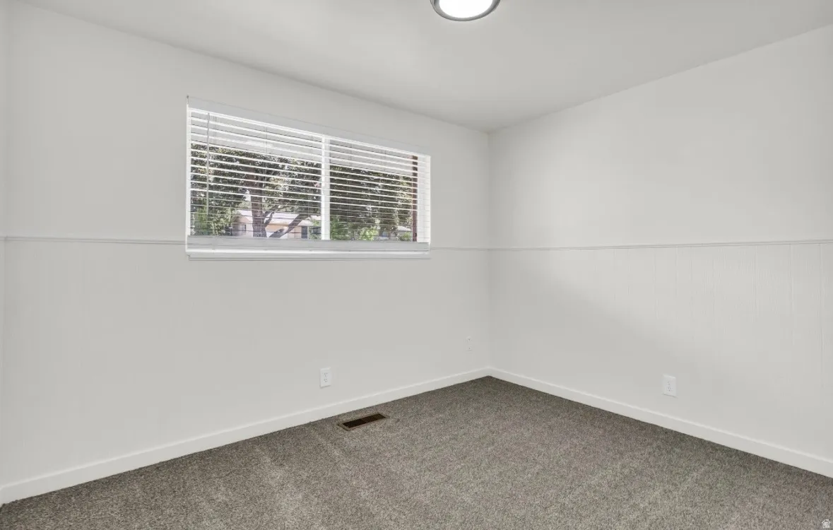 Room featuring a large window with blinds, paneling, neutral carpet, and a ceiling-mounted light fixture