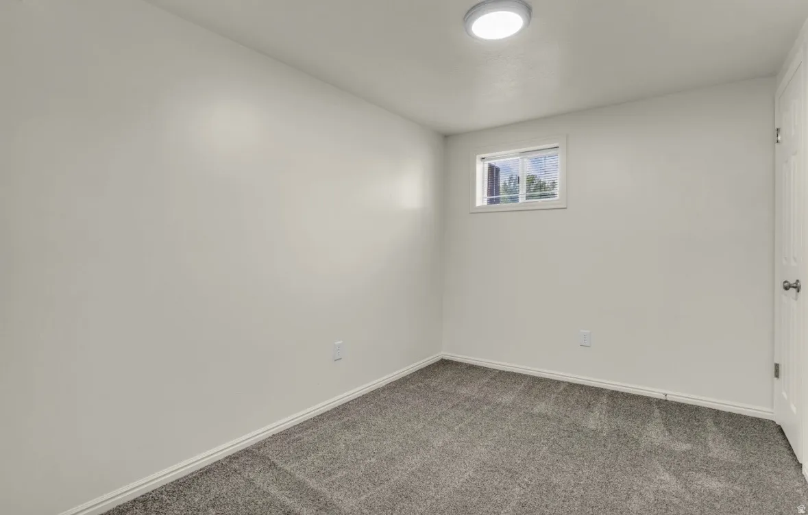 Neutral wall paint and grey carpeting define this room, featuring a single window and an overhead flush-mount light fixture