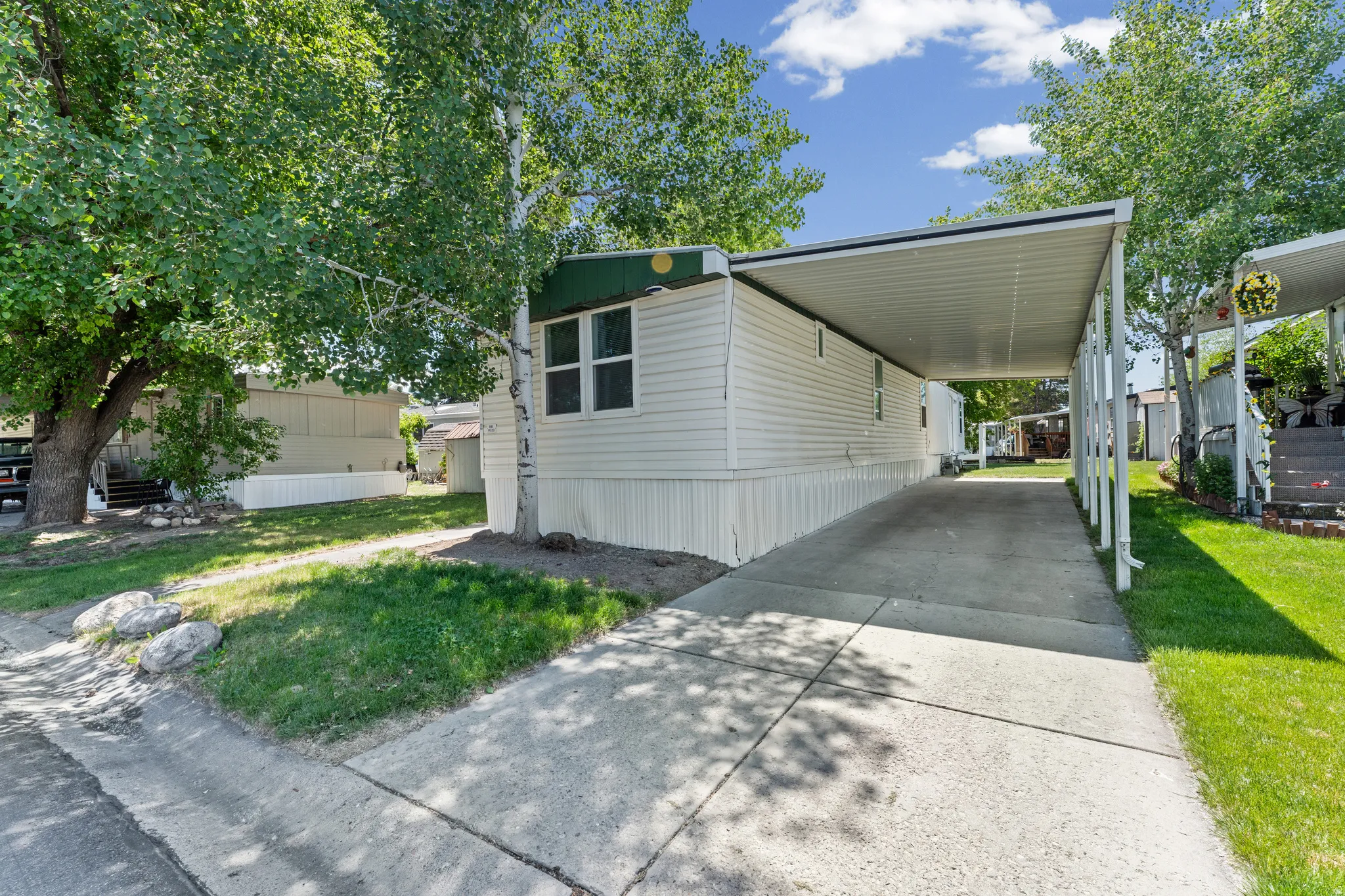 White-sided single-story residence featuring a covered carport, concrete driveway, and a green roof accent