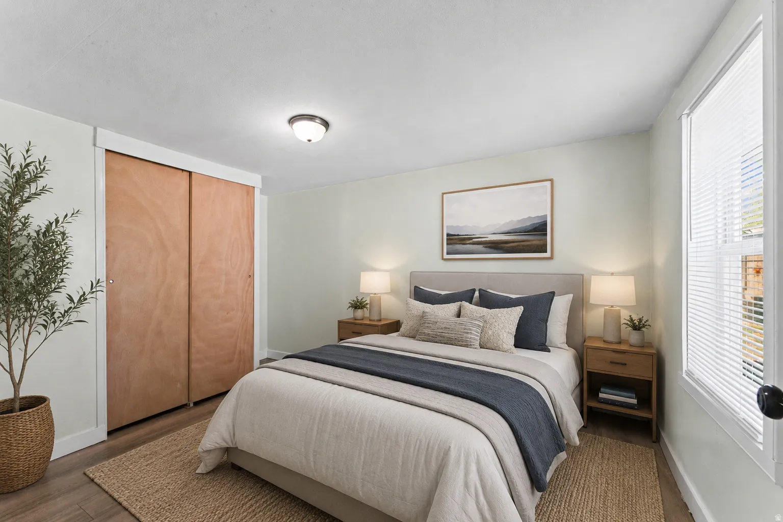 Bedroom featuring wood-finish flooring, a wall-mounted light fixture, and a window with blinds