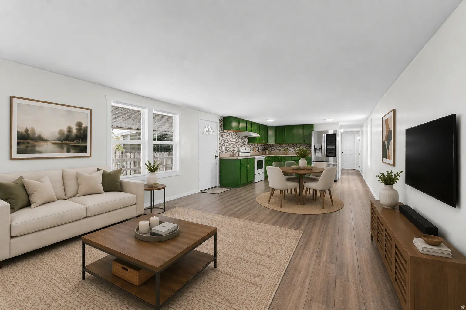 Open-concept living space featuring wood-finish flooring, white walls, and multiple windows