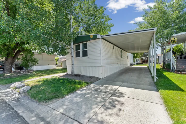 White-sided single-story residence featuring a covered carport, concrete driveway, and a green roof accent