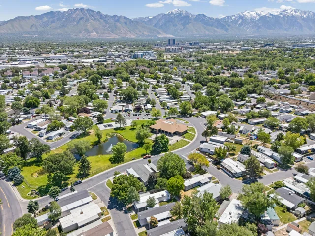 Aerial perspective showcasing a residential community with abundant mature trees and a central pond featuring a fountain