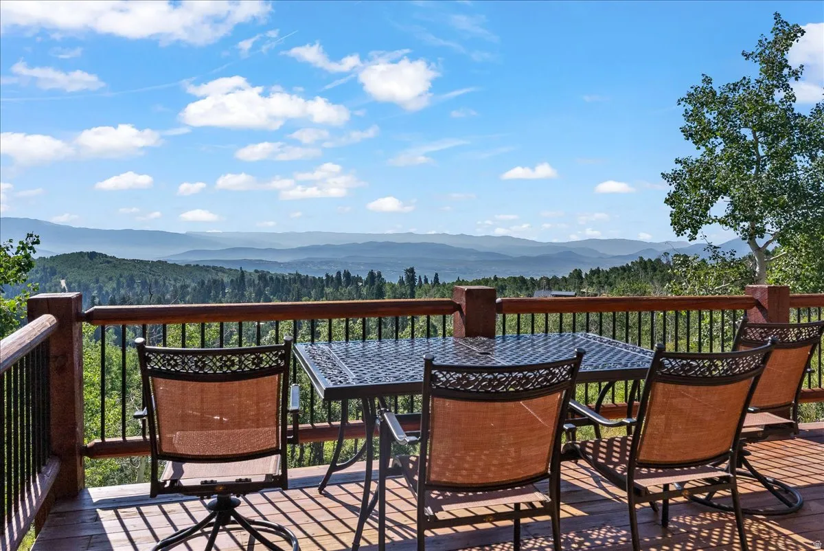 Expansive outdoor deck featuring wood-finish flooring and a sturdy wood and metal railing