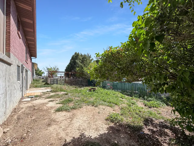 Expansive outdoor area featuring mature perimeter trees, a slatted wood fence, and a brick-sided structure with a concrete foundation