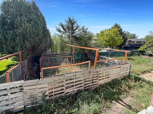 Fenced garden area featuring a pallet wood and chain-link fence, wood pergola framing, and mature perimeter trees